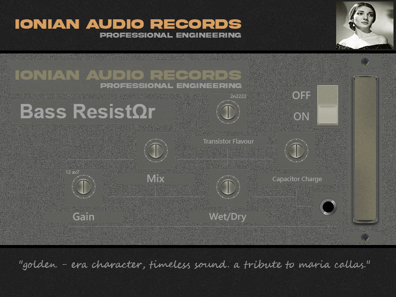 Bass Resistor plugin interface showcasing vintage sound controls with tribute to Maria Callas.