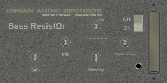 Bass Resistor plugin interface showing controls for Gain, Mix, Wet/Dry, and Transistor Flavour.